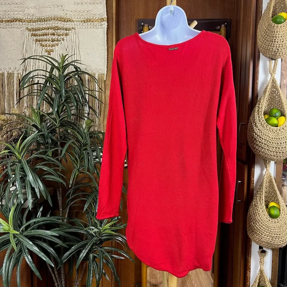 Michael Kors Red Tunic Sweater Womens M Gold Zip High Low Long Sleeve Knit Top
